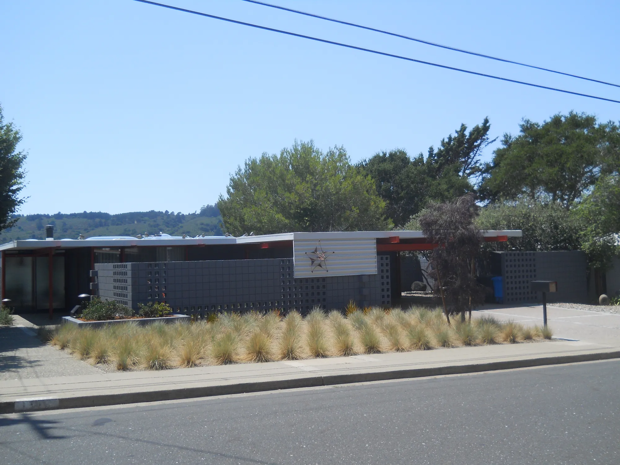 A low Eichler house behind a concrete block wall and a bed of ornamental grasses, under a clear sky.