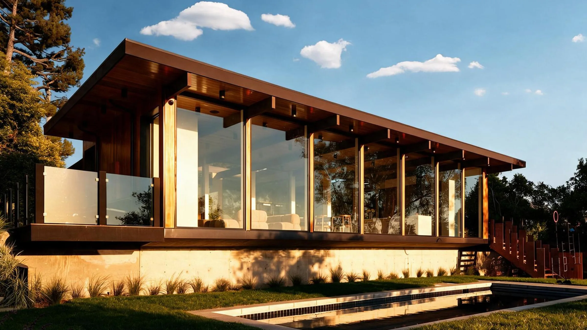 Busch Drive: the glass-and-timber house on its lawn above Zuma, the lap pool before it.
